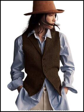 Herringbone Tweed Waistcoat V-Neck Lapel Sleeveless Blazer Suit Vest Work Office